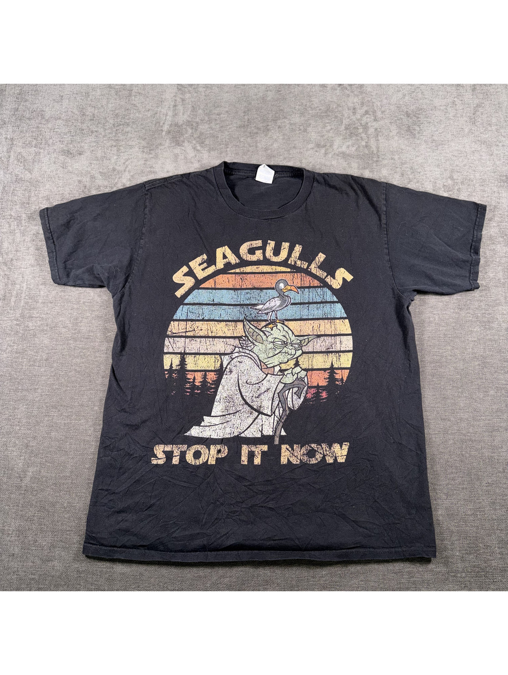 Port & Company Black Graphic T-Shirt Seagulls Stop It Now Size Large